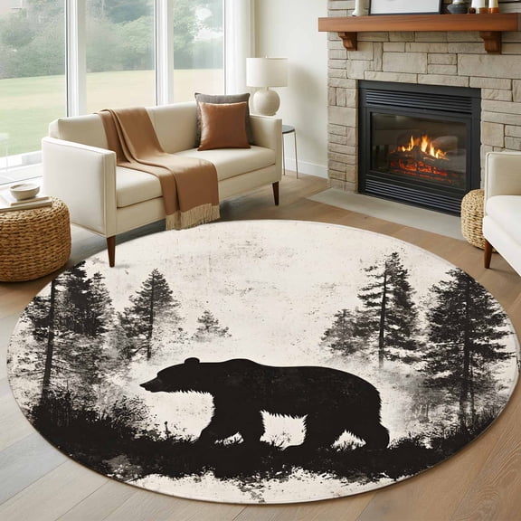 6ft Round Rug, Black Bear Non-Skid Rubber Backing Large Area Rugs - Living Room Bedroom Home Office, Vintage Rustic Wildlife Forest Woodland Indoor Floor Mat Carpets Washable Rug