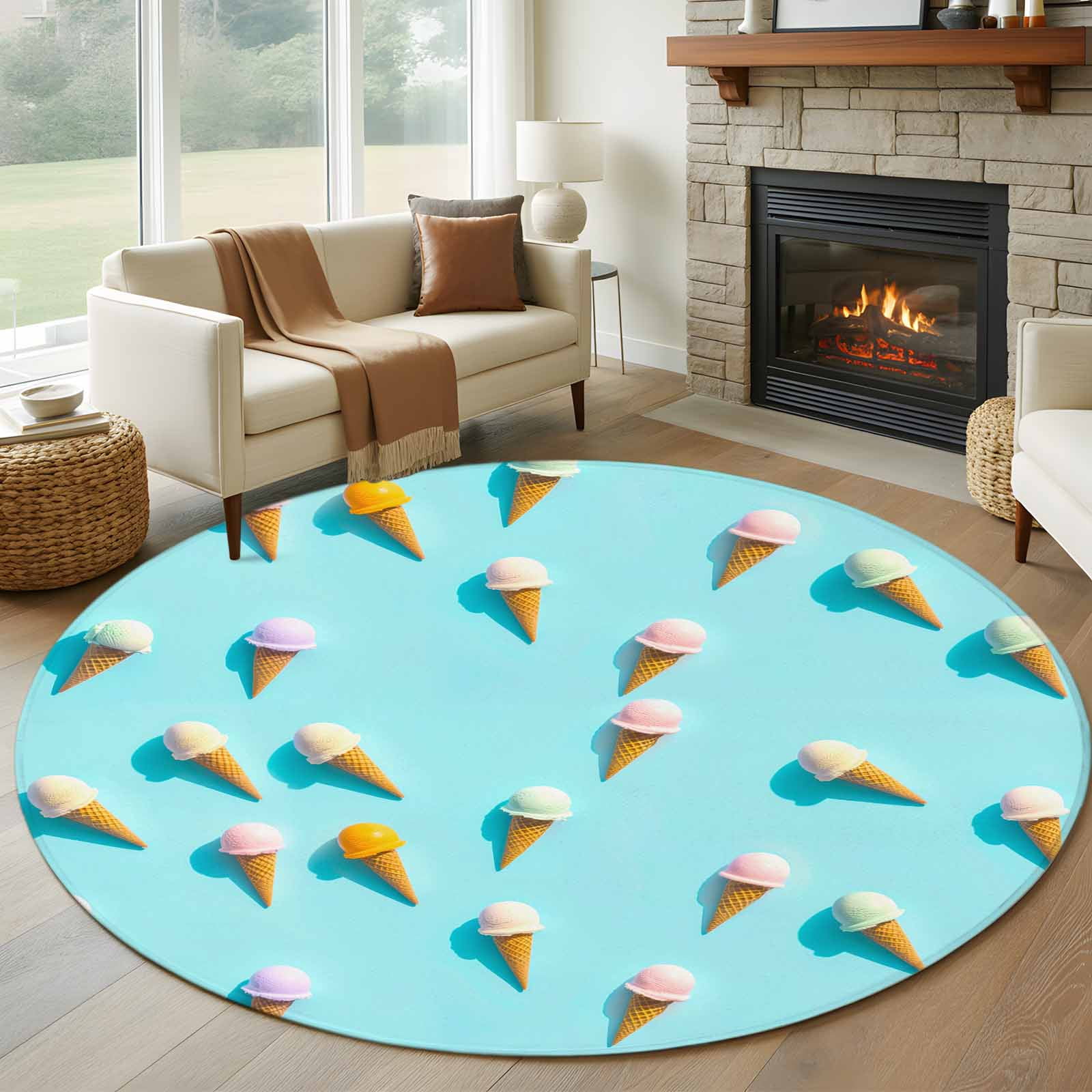 Ice Cream Rug Pattern 6ft Round Rug, Blue Ice Cream Non-Skid Rubber Backing Large Area Rugs ...