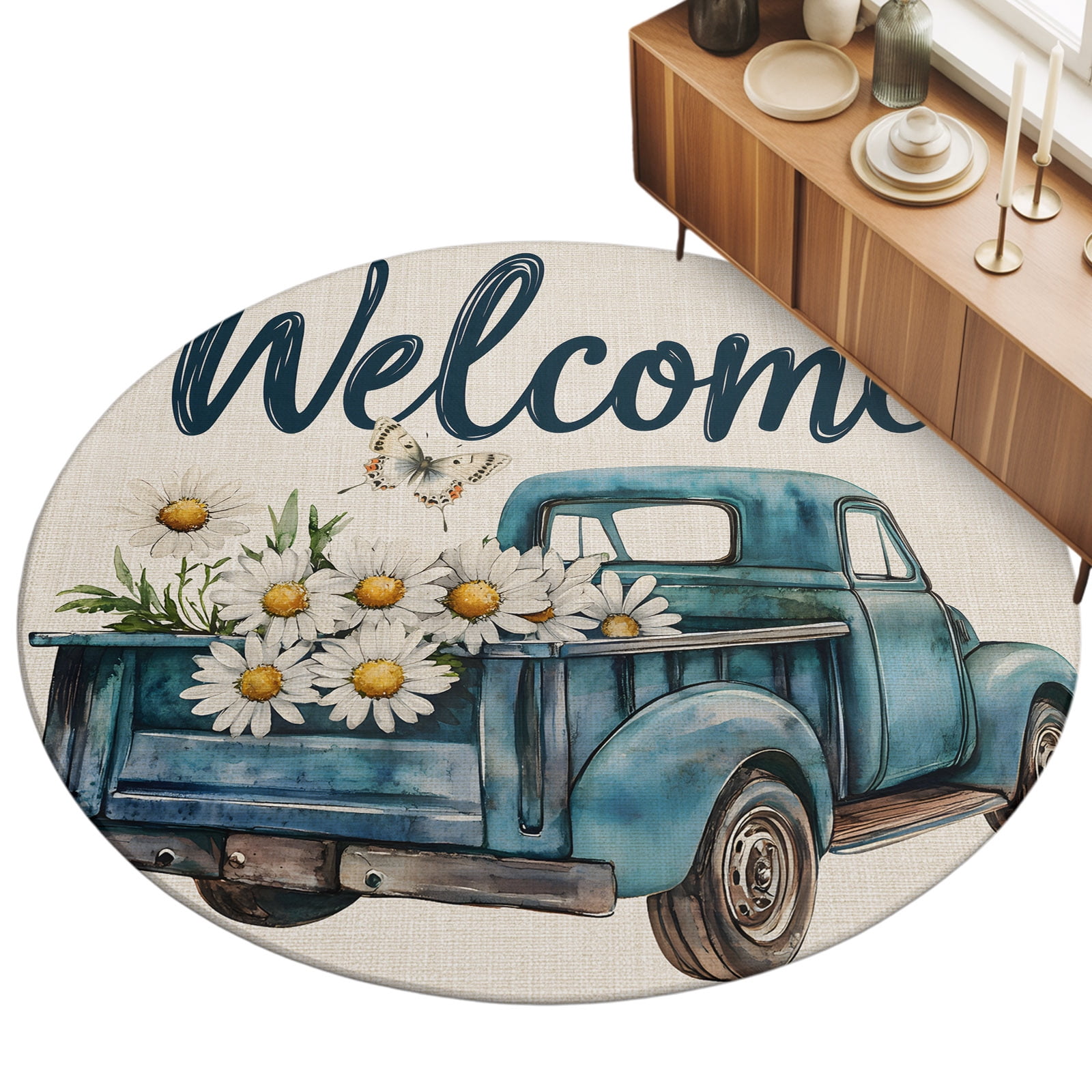 6ft Round Rug Blue Truck Spring Floral Area Rugs for Living Room ...