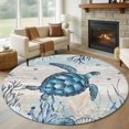 thumbnail image 1 of 6ft Round Rug, Blue Turtle Coastal Non-Skid Rubber Backing Large Area Rugs - Living Room Bedroom Home Office, Nautical Beach Sea Ocean Coral Indoor Floor Mat Carpets Washable Rug, 1 of 9