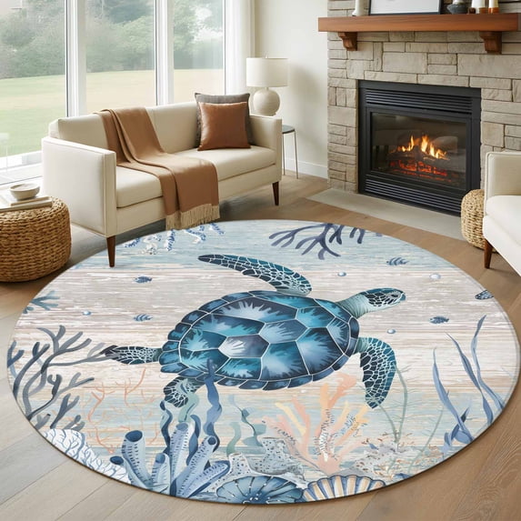 6ft Round Rug, Blue Turtle Coastal Non-Skid Rubber Backing Large Area Rugs - Living Room Bedroom Home Office, Nautical Beach Sea Ocean Coral Indoor Floor Mat Carpets Washable Rug