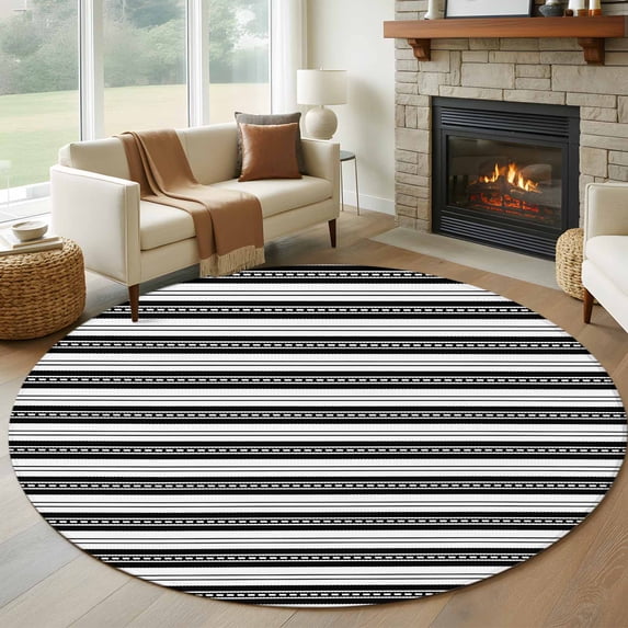 6ft Round Rug, Boho Black Stripe Non-Skid Rubber Backing Large Area Rugs - Living Room Bedroom Home Office, Abstract Geometric White Minimalist Indoor Floor Mat Carpets Washable Rug