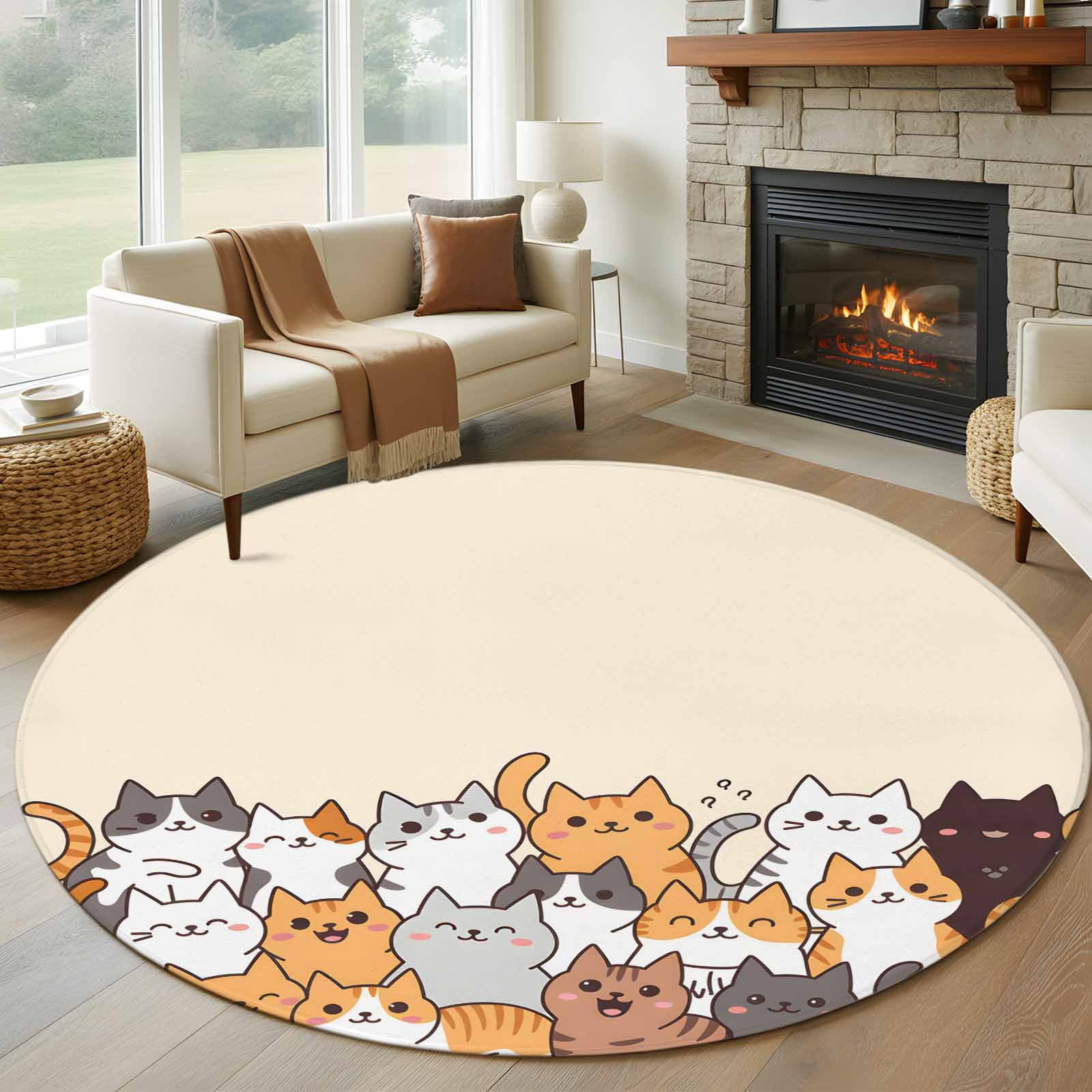6ft Round Rug, Cartoon Cat Non-Skid Rubber Backing Large Area Rugs ...