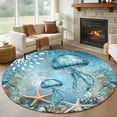 thumbnail image 1 of 6ft Round Rug, Coastal Jellyfish Non-Skid Rubber Backing Large Area Rugs - Living Room Bedroom Home Office, Blue Coral Starfish Abstract Painting Indoor Floor Mat Carpets Washable Rug, 1 of 9