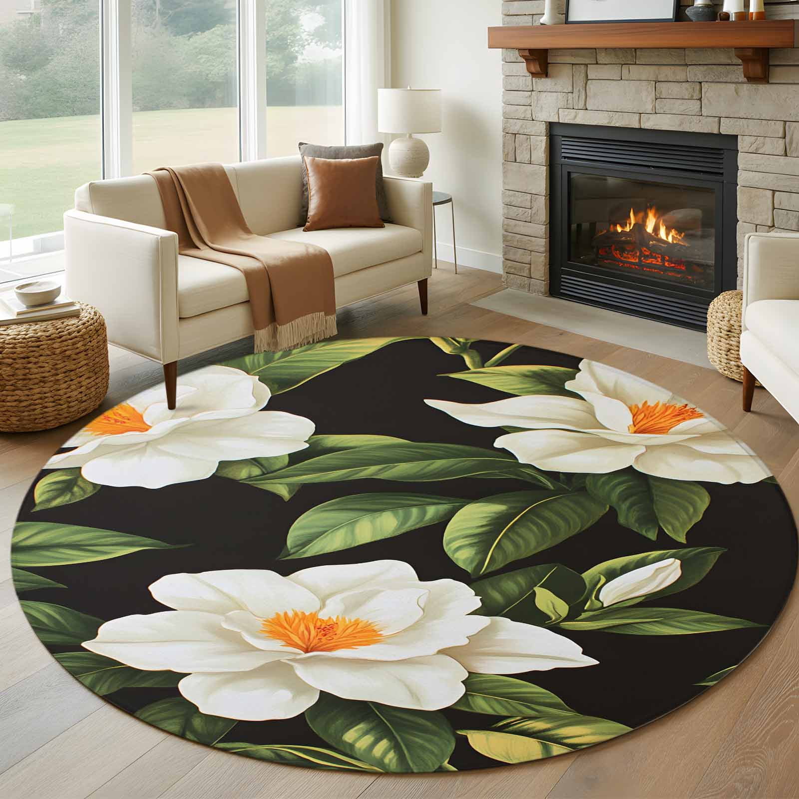 6ft Round Rug, Gardenia Non-Skid Rubber Backing Large Area Rugs ...