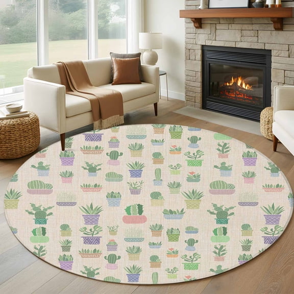 6ft Round Rug, Green Succulents Cactus Non-Skid Rubber Backing Large Area Rugs - Living Room Bedroom Home Office, Plant Burlap Texture Indoor Floor Mat Carpets Washable Rug