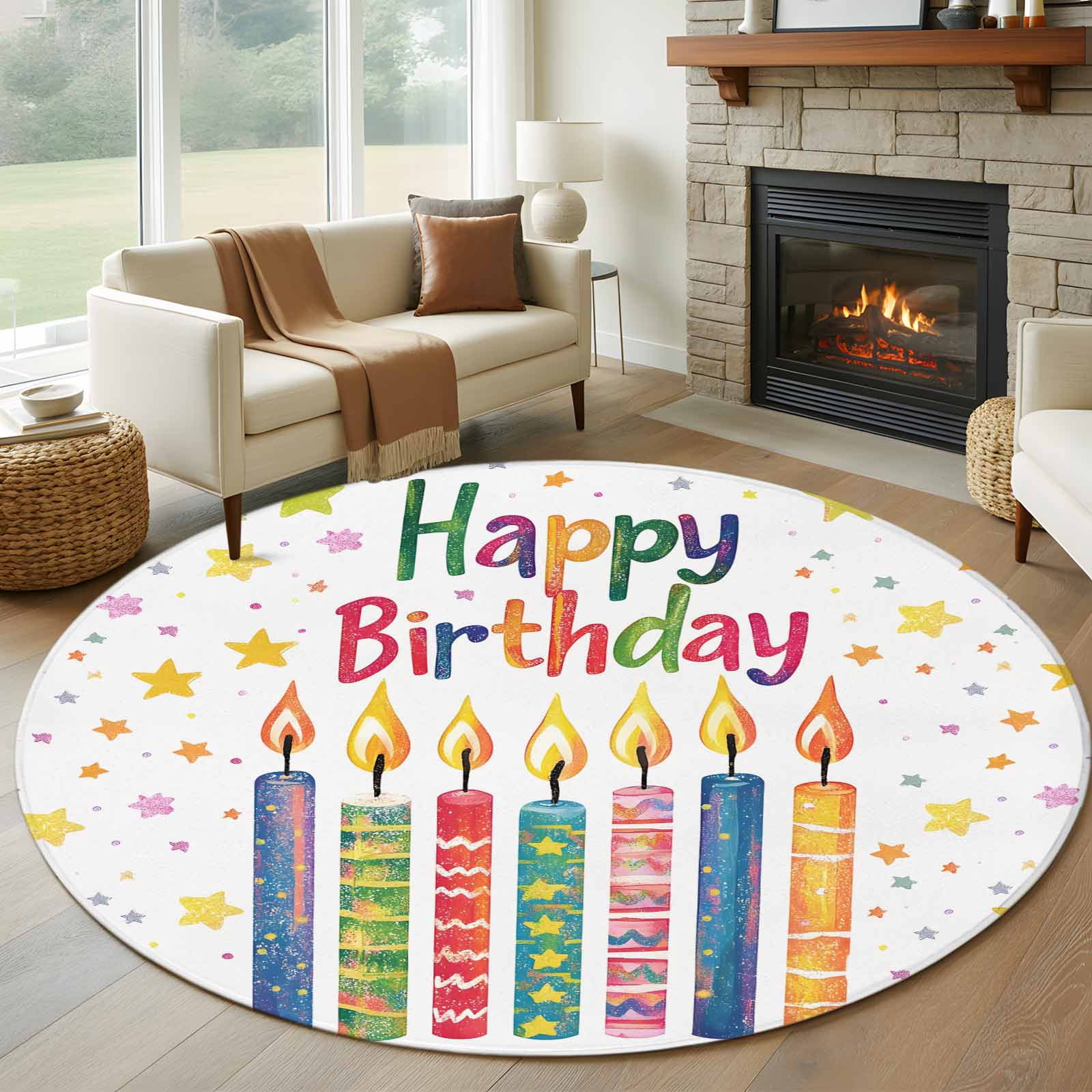 Celebration Rug 6ft Round Rug, Happy Birthday Non-Skid Rubber Backing Large Area Rugs ...