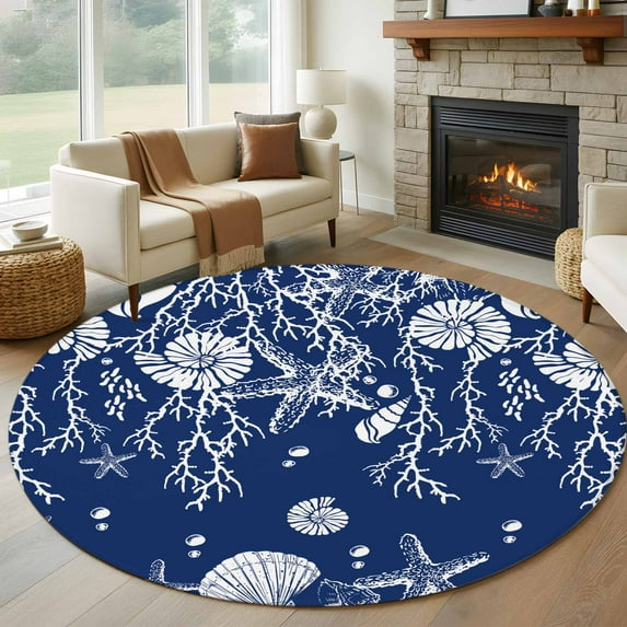 6ft Round Rug, Navy Blue Coastal Non-Skid Rubber Backing Large Area Rugs - Living Room Bedroom Home Office, Starfish Coral Ocean Conch Sea Nautical Indoor Floor Mat Carpets Washable Rug