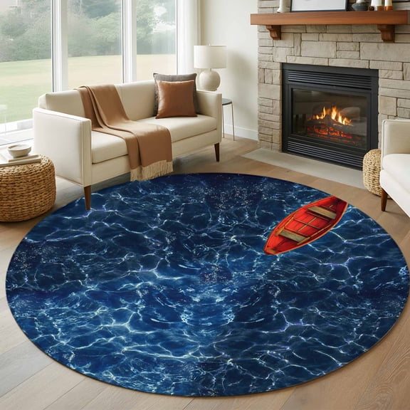 6ft Round Rug, Navy Blue Ocean Waves Non-Skid Rubber Backing Large Area Rugs - Living Room Bedroom Home Office, Red Boat Coastal Indoor Floor Mat Carpets Washable Rug