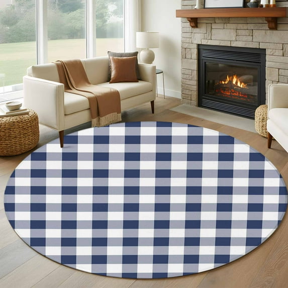 6ft Round Rug, Navy Blue White Plaid Non-Skid Rubber Backing Large Area Rugs - Living Room Bedroom Home Office, Farmhouse Checkered Buffalo Indoor Floor Mat Carpets Washable Rug