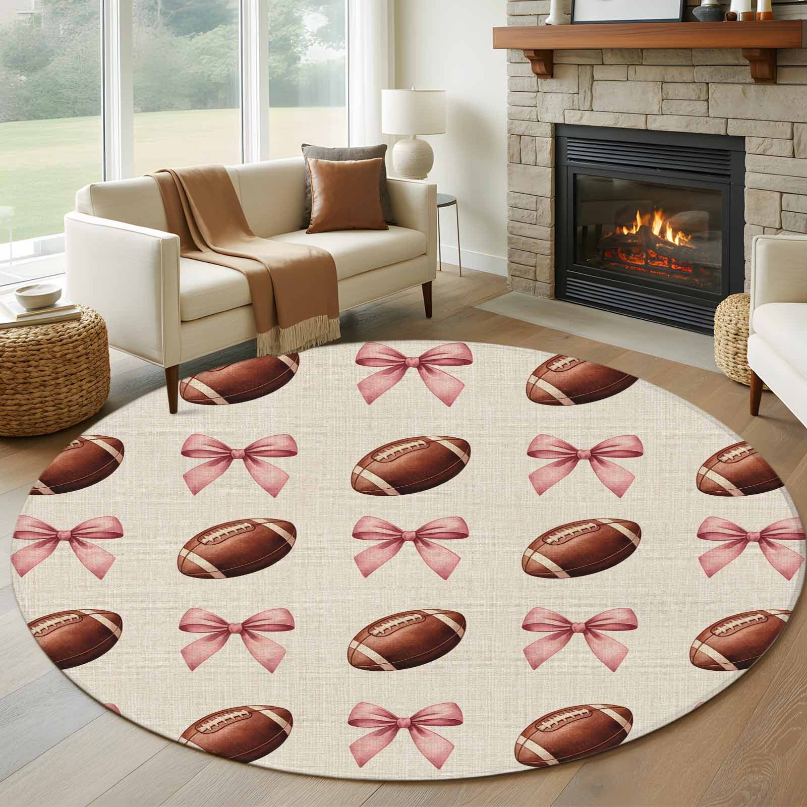 6ft Round Rug, Pink Bow Football Non-Skid Rubber Backing Large Area ...