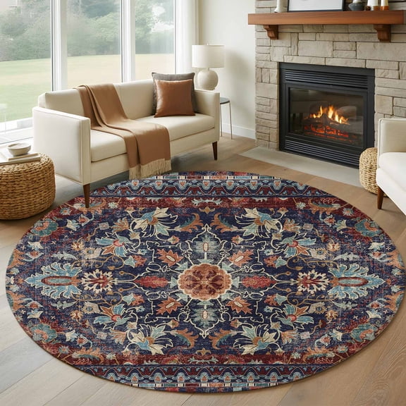 6ft Round Rug, Retro Boho Non-Skid Rubber Backing Large Area Rugs - Living Room Bedroom Home Office, Rustic Flowers Modern Geometric Abstract Art Indoor Floor Mat Carpets Washable Rug