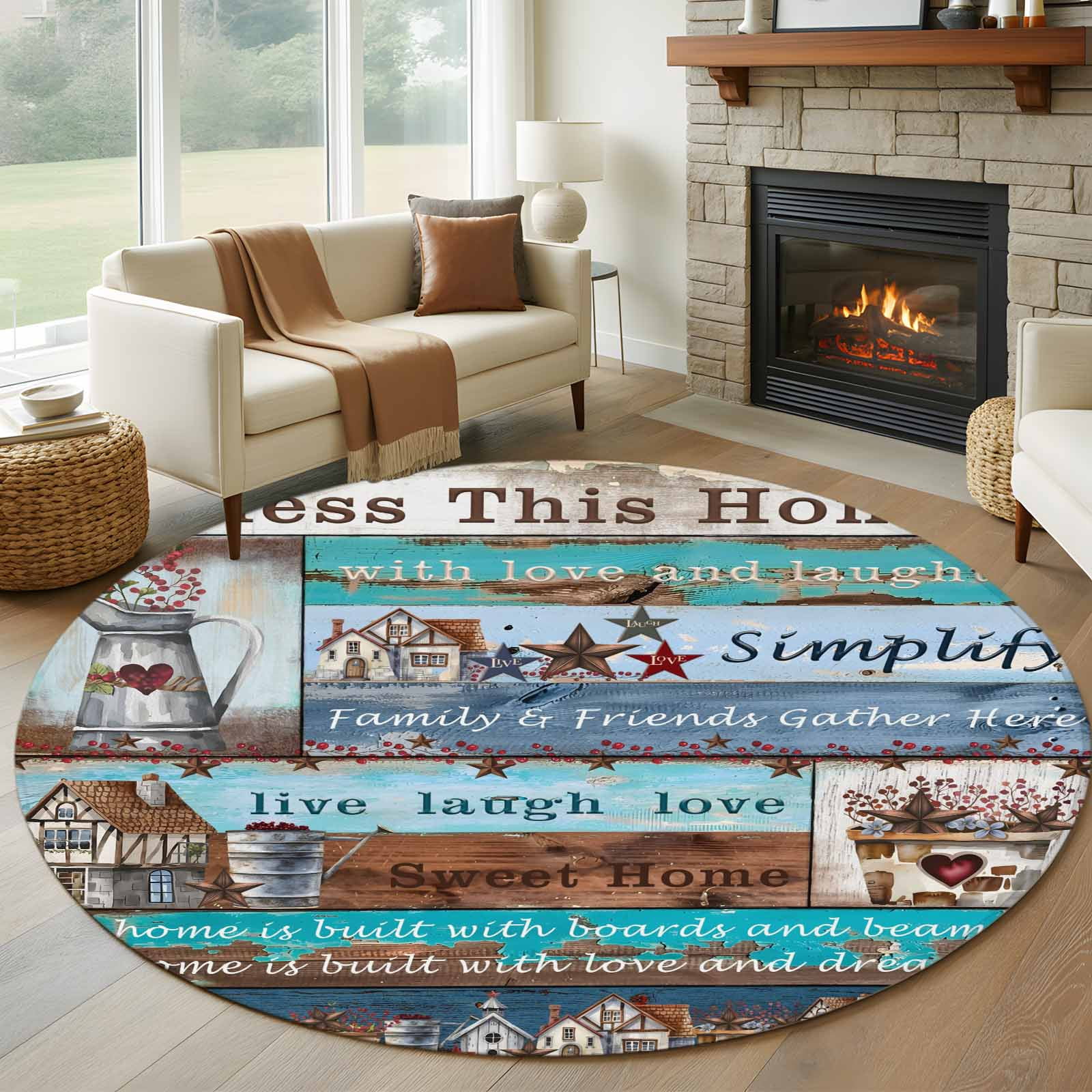 Rustic Farm Rug 6ft Round Rug, Rustic Star Farm Non-Skid Rubber Backing Large Area Rugs ...