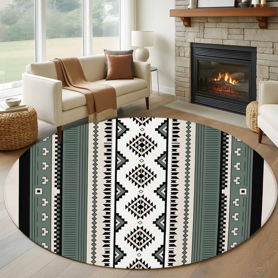 6ft Round Rug, Sage Green Boho Non-Skid Rubber Backing Large Area Rugs ...