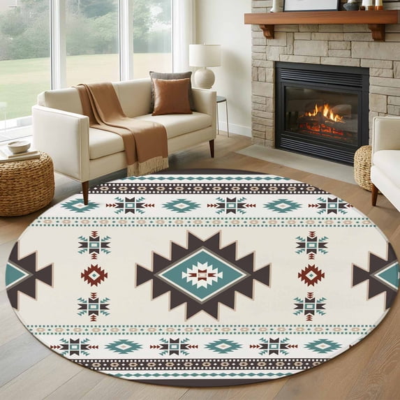 6ft Round Rug, Southwest Ethnic Non-Skid Rubber Backing Large Area Rugs - Living Room Bedroom Home Office, Boho Aztec Tribal Abstract Aesthetic Indoor Floor Mat Carpets Washable Rug