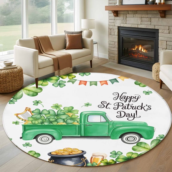 6ft Round Rug, St. Patrick's Day Non-Skid Rubber Backing Large Area Rugs - Living Room Bedroom Home Office, Spring Lucky Shamrocks Green Truck Country Indoor Floor Mat Carpets Washable Rug