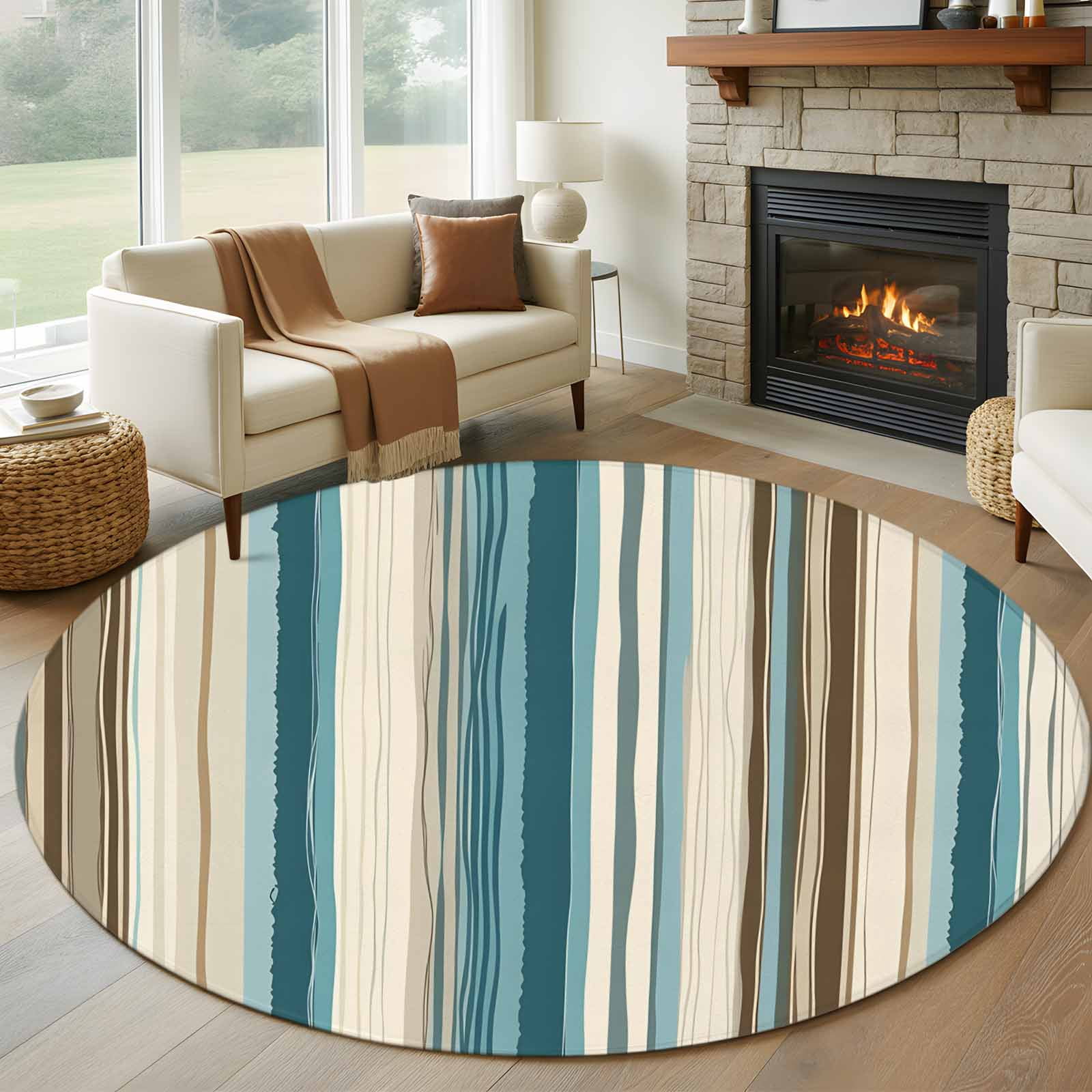 6ft Round Rug, Turquoise Beige Non-Skid Rubber Backing Large Area Rugs ...