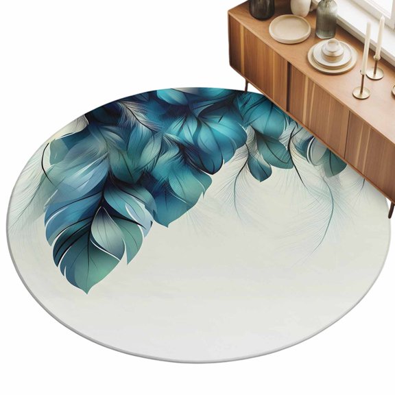 6ft Round Rug Turquoise Feather Area Rugs for Living Room Bedroom Washable Non Slip Circle Rug Low Pile Soft Abstract Beige Peacock Feather Indoor Floor Carpet for Kitchen Entryway Office Dining Room