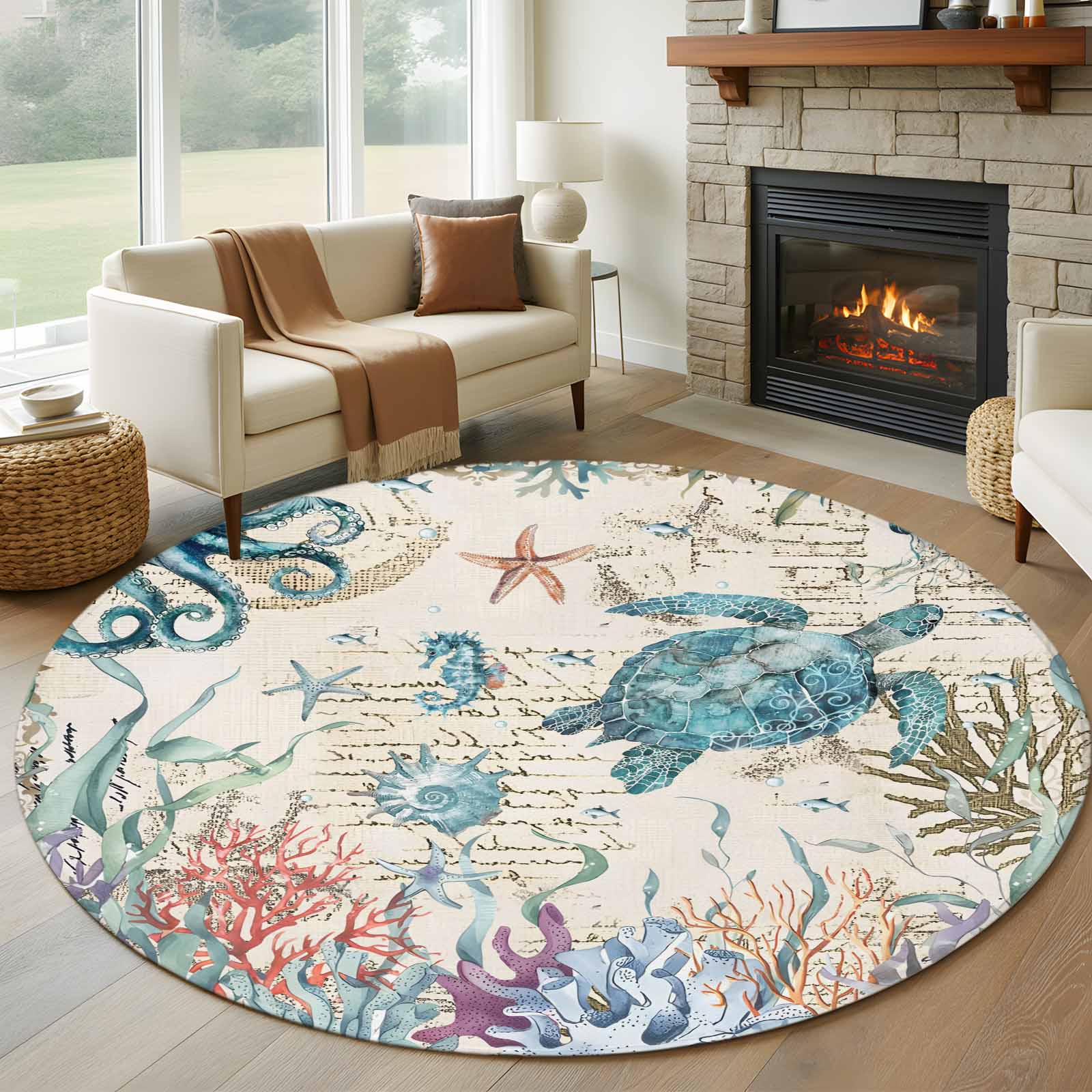 6ft Round Rug, Vintage Coastal Non-Skid Rubber Backing Large Area Rugs ...