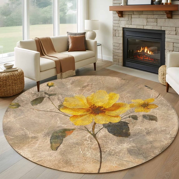 6ft Round Rug, Vintage Yellow Floral Non-Skid Rubber Backing Large Area ...