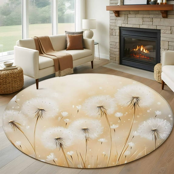6ft Round Rug, White Dandelion Non-Skid Rubber Backing Large Area Rugs - Living Room Bedroom Home Office, Spring Farmhouse Pastoral Flowers Floral Indoor Floor Mat Carpets Washable Rug