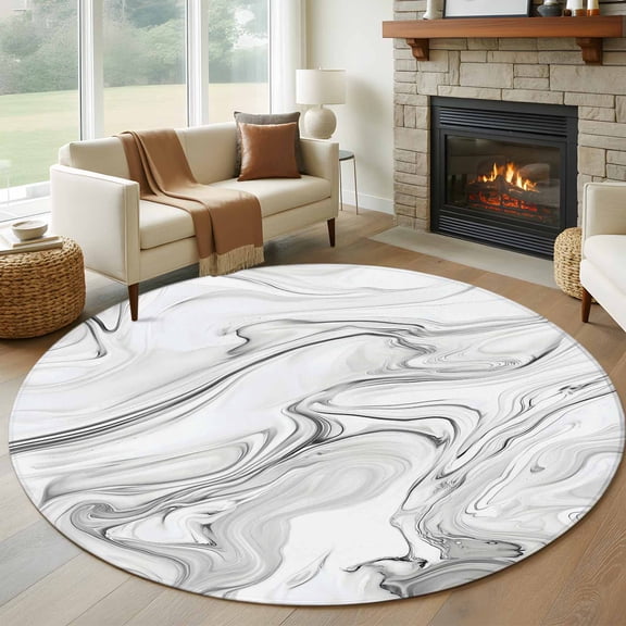6ft Round Rug, White Gray Marble Non-Skid Rubber Backing Large Area Rugs - Living Room Bedroom Home Office, Modern Minimalist Abstract Texture Indoor Floor Mat Carpets Washable Rug