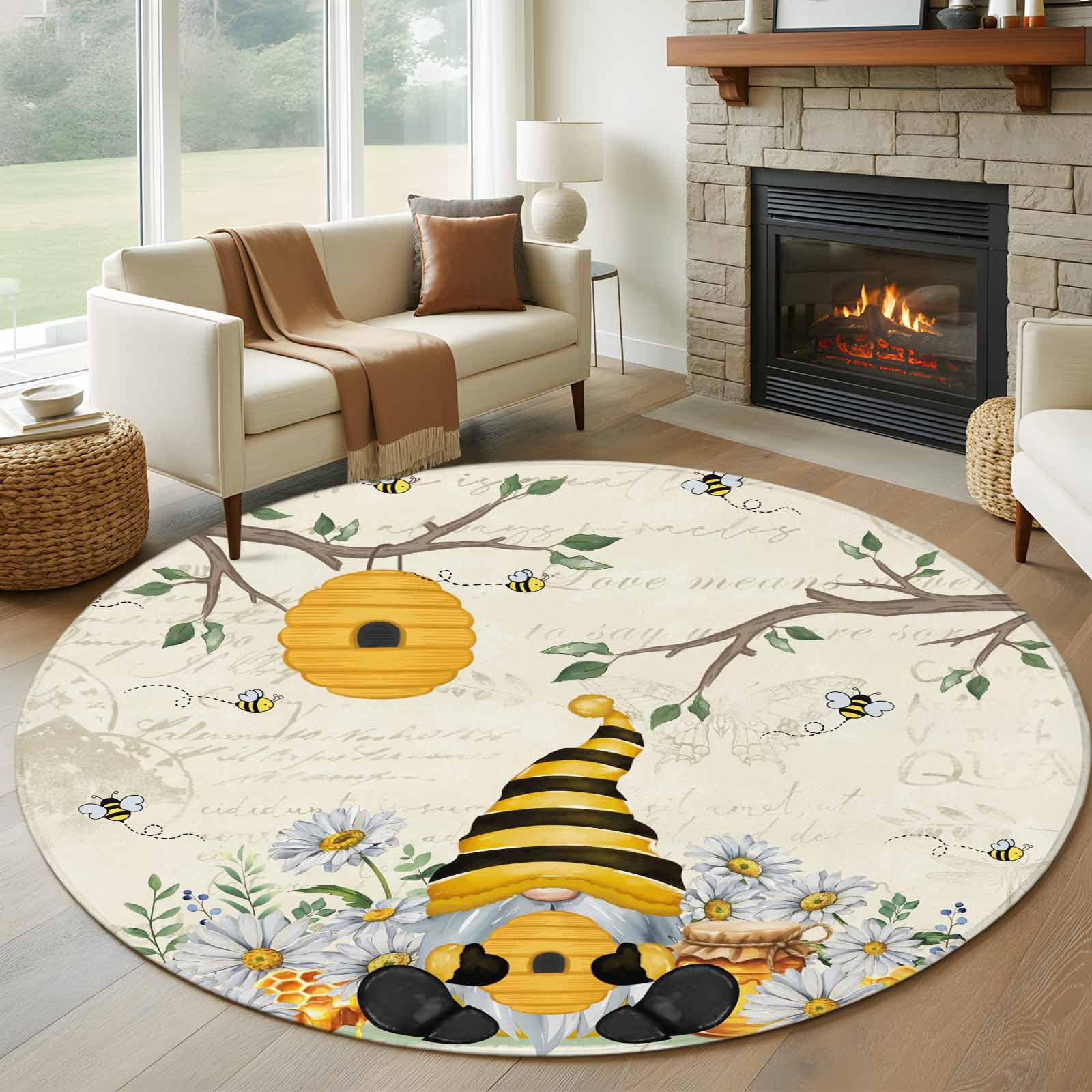 Bee Yellow Rug 6ft Round Rug, Yellow Gnomes Non-Skid Rubber Backing Large Area Rugs ...