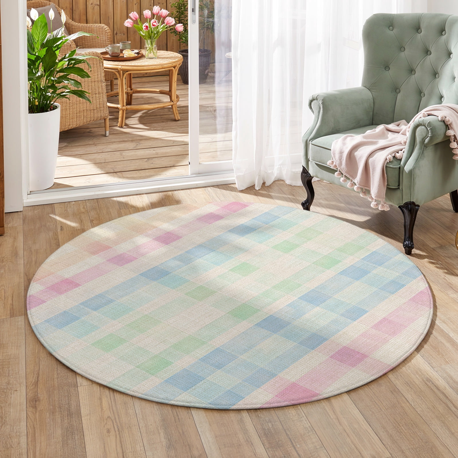 6ft Round Rug for Living Room Colorful Buffalo Plaid Washable Non-Slip ...