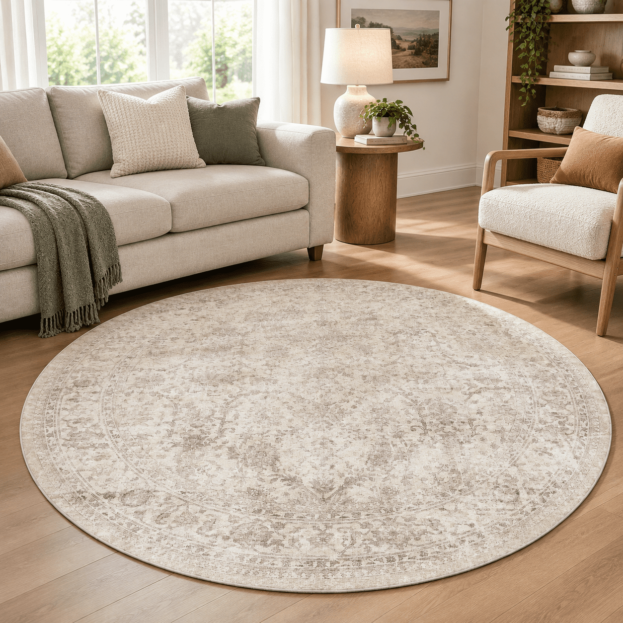 Neutral Fun Rug 6ft Round Washable Beige Neutral Vintarea Rug For Living Room - Walmart.com