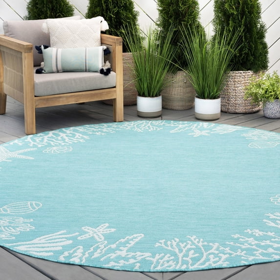 6ft Round Water Resistant, Indoor Outdoor Rugs for Patios, Front Door Entry, Entryway, Deck, Porch, Balcony | Outside Area Rug for Patio | Aqua, Coastal | Size: 5'3'' Round