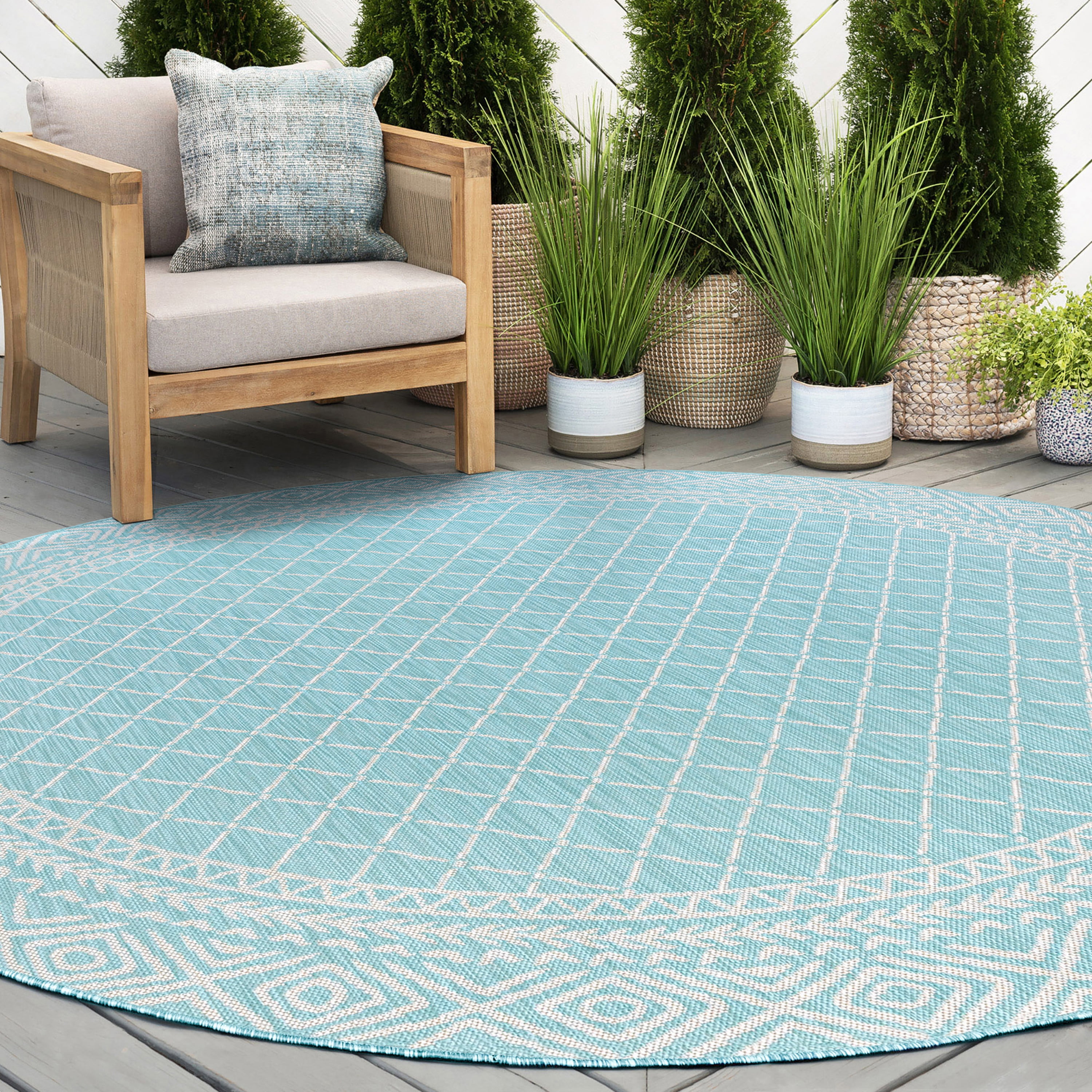 6ft Round Water Resistant, Indoor Outdoor Rugs for Patios, Front Door Entry, Entryway, Deck, Porch, Balcony | Outside Area Rug for Patio | Aqua, Diamond | Size: 5'3'' Round