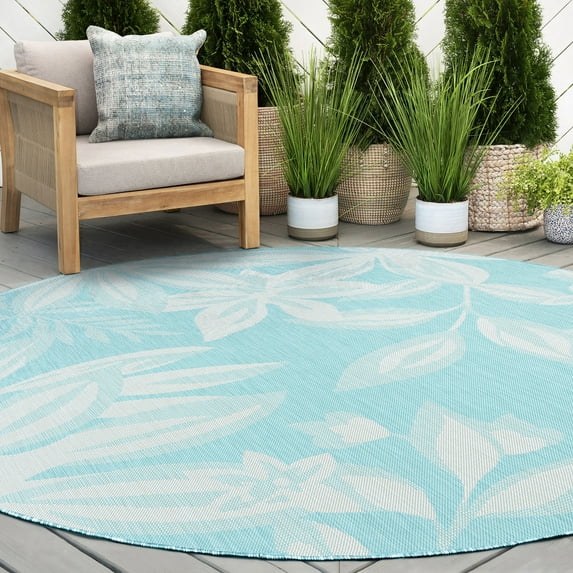 6ft Round Water Resistant, Indoor Outdoor Rugs for Patios, Front Door Entry, Entryway, Deck, Porch, Balcony | Outside Area Rug for Patio | Aqua, Floral | Size: 5'3'' Round