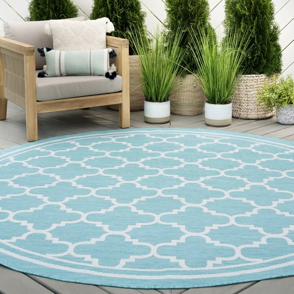 6ft Round Water Resistant, Indoor Outdoor Rugs for Patios, Front Door Entry, Entryway, Deck, Porch, Balcony | Outside Area Rug for Patio | Aqua, Geometric | Size: 5'3'' Round