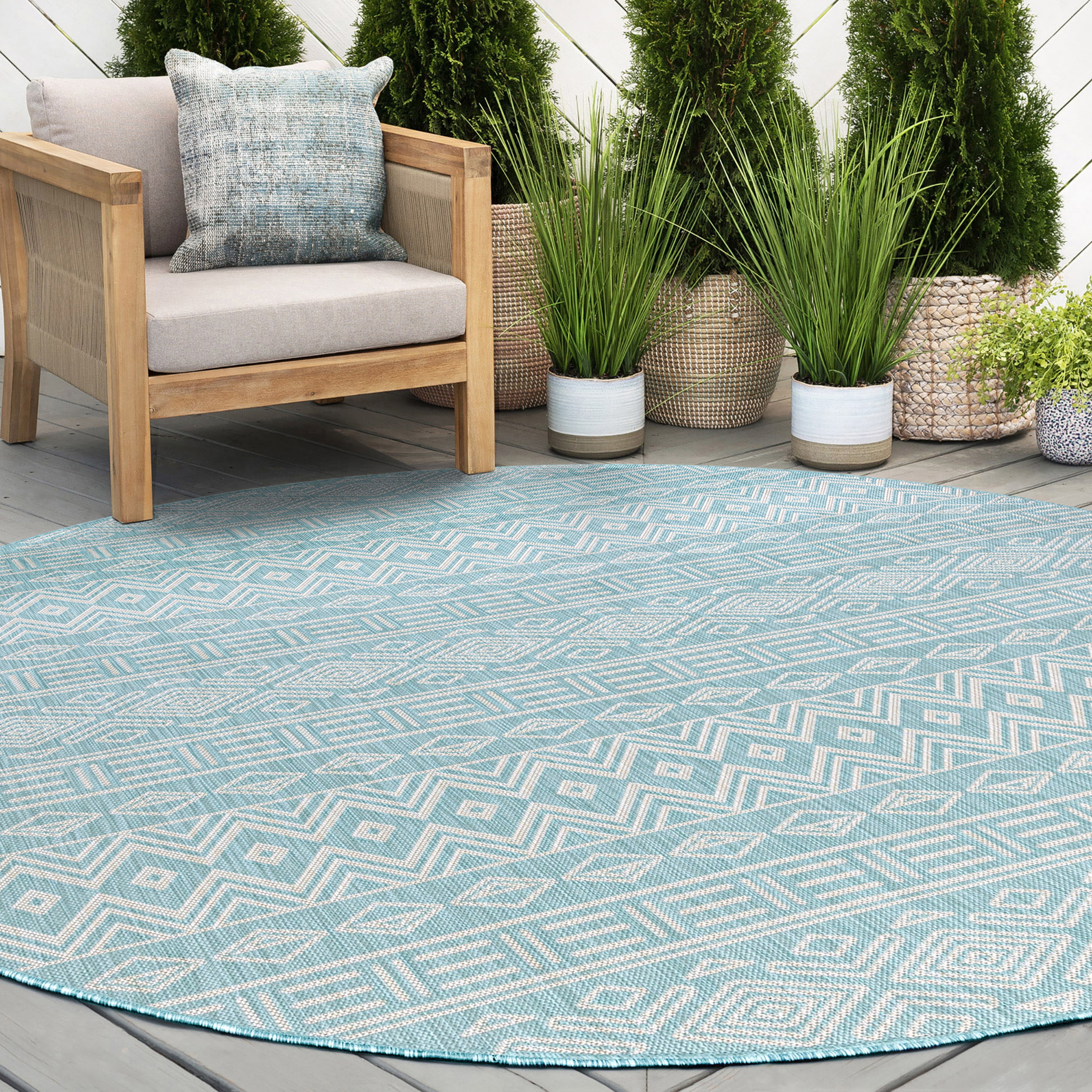 6ft Round Water Resistant, Indoor Outdoor Rugs for Patios, Front Door Entry, Entryway, Deck, Porch, Balcony | Outside Area Rug for Patio | Aqua, Moroccan | Size: 5'3'' Round