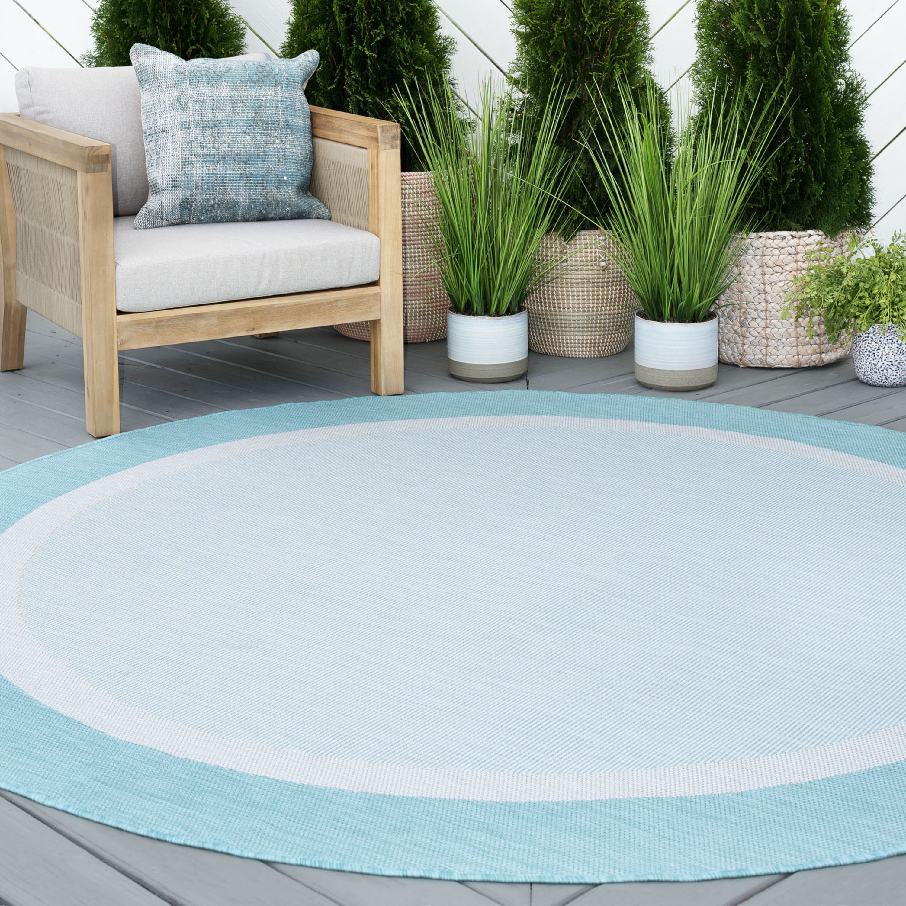 6ft Round Water Resistant, Indoor Outdoor Rugs for Patios, Front Door Entry, Entryway, Deck, Porch, Balcony | Outside Area Rug for Patio | Aqua, Solid Border | Size: 5'3'' Round