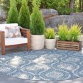 thumbnail image 1 of 6ft Round Water Resistant, Indoor Outdoor Rugs for Patios, Front Door Entry, Entryway, Deck, Porch, Balcony | Outside Area Rug for Patio | Blue, Damask | Size: 5'3'' Round, 1 of 5