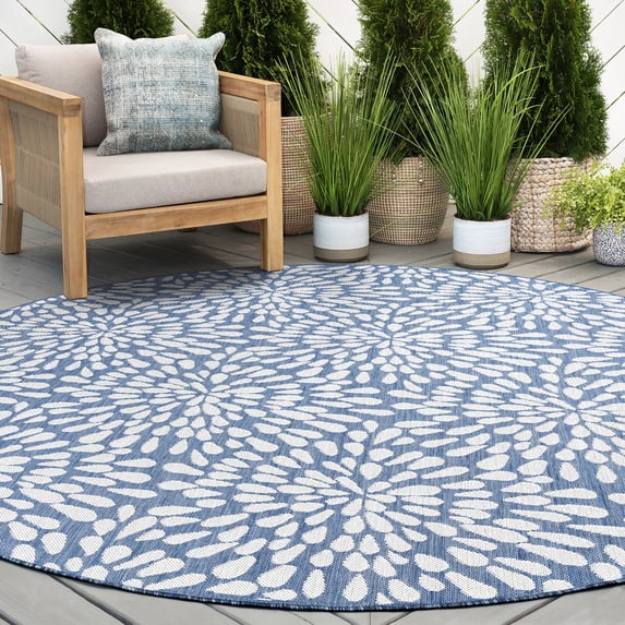 6ft Round Water Resistant, Indoor Outdoor Rugs for Patios, Front Door Entry, Entryway, Deck, Porch, Balcony | Outside Area Rug for Patio | Blue, Floral | Size: 5'3'' Round