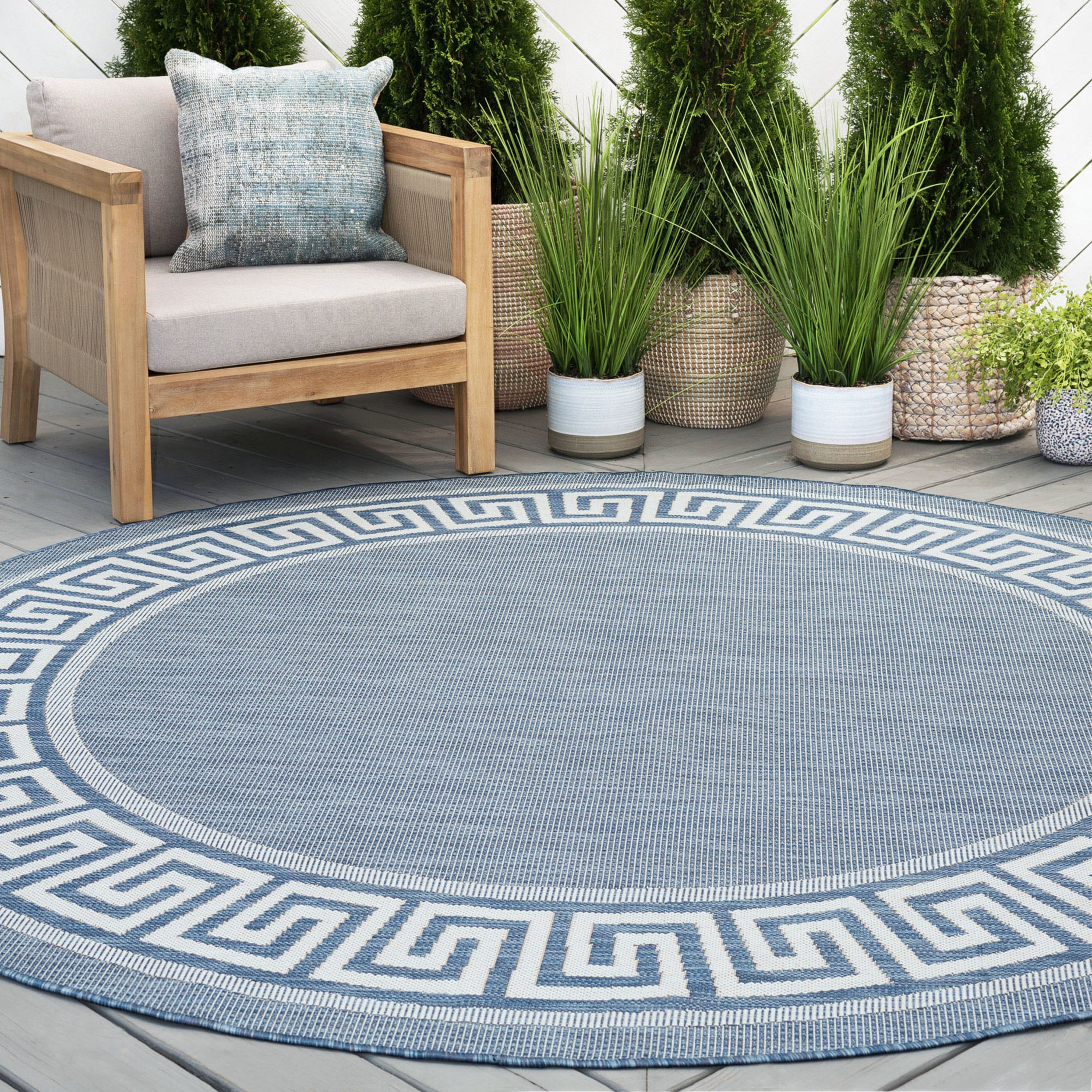 6ft Round Water Resistant, Indoor Outdoor Rugs for Patios, Front Door  Entry, Entryway, Deck, Porch, Balcony, Outside Area Rug for Patio, Blue,  Greek Key