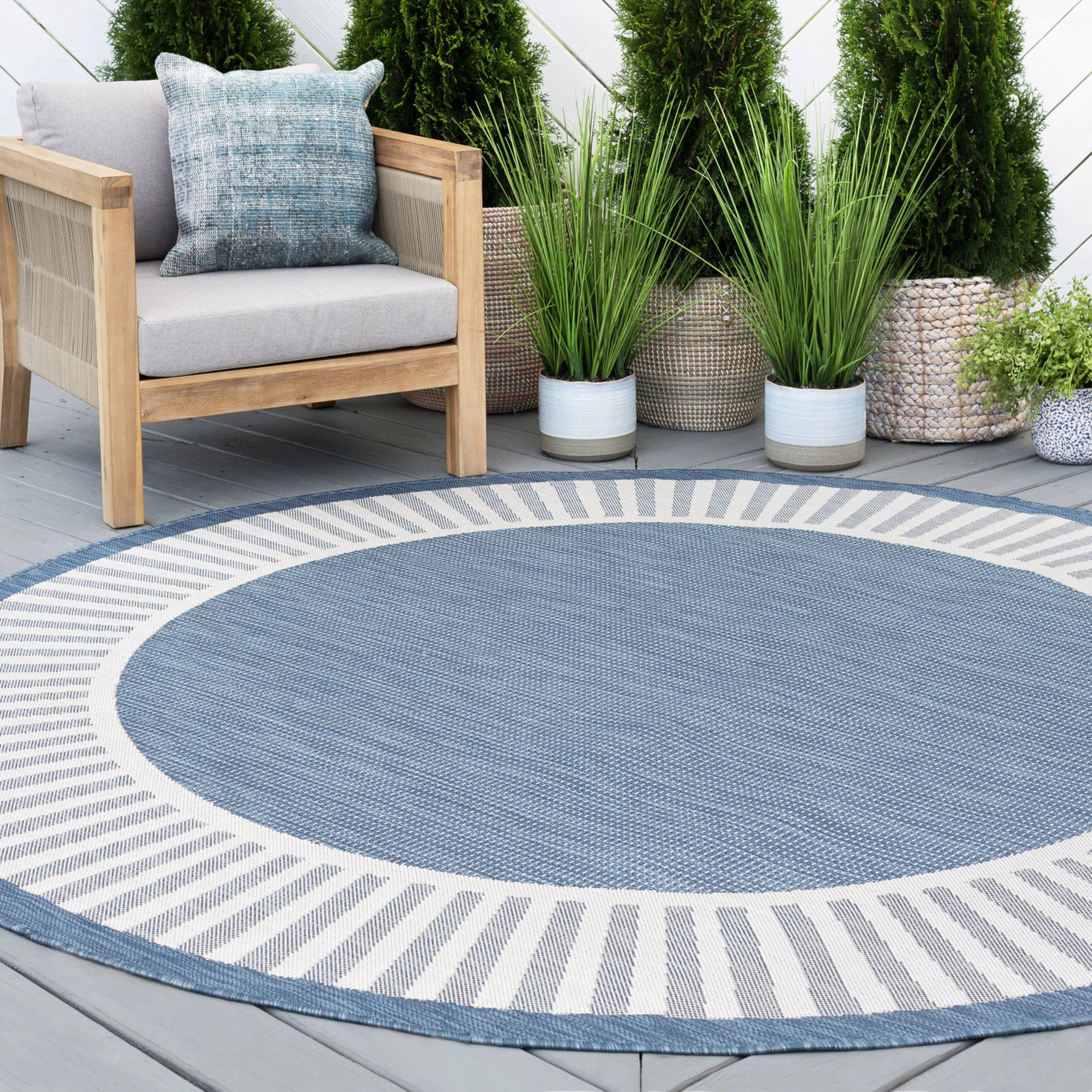 6ft Round Water Resistant Indoor Outdoor Rugs for Patios Front Door Entry Entryway Deck Porch Balcony Outside Area Rug for Patio Blue Striped Border Size 5 3 Round Walmart