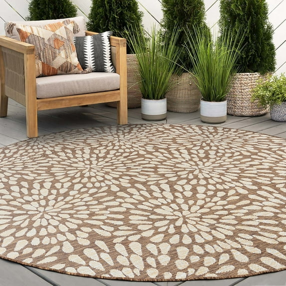 Bliss Rugs Indoor Outdoor Floral Round Rug for Living Room, Porch, Deck | Brown, 5'3''Round