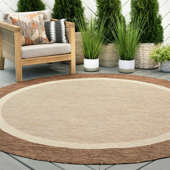 6ft Round Water Resistant, Indoor Outdoor Rugs for Patios, Front Door Entry, Entryway, Deck, Porch, Balcony | Outside Area Rug for Patio | Brown, Solid Border | Size: 5'3'' Round