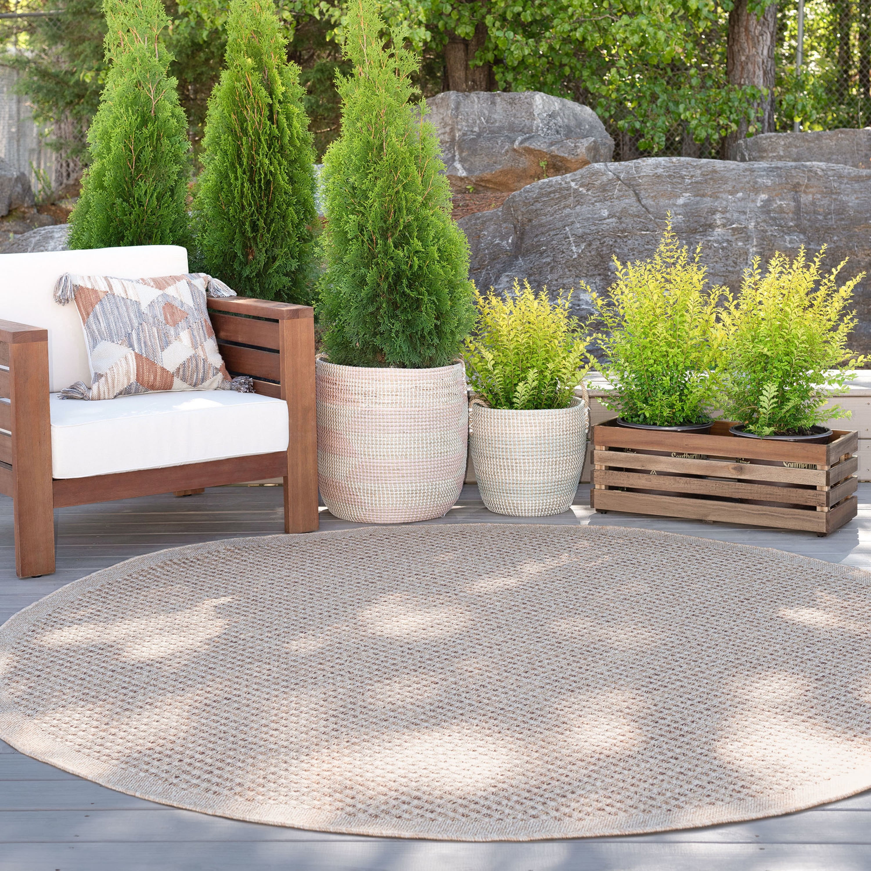 6ft Round Water Resistant, Indoor Outdoor Rugs for Patios, Front Door Entry, Entryway, Deck, Porch, Balcony | Outside Area Rug for Patio | Cream, Basketweave | Size: 5'3'' Round