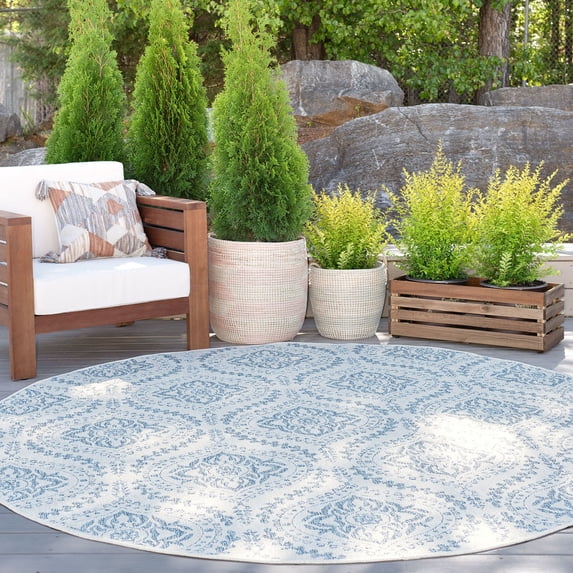 6ft Round Water Resistant, Indoor Outdoor Rugs for Patios, Front Door Entry, Entryway, Deck, Porch, Balcony | Outside Area Rug for Patio | Cream, Damask | Size: 5'3'' Round