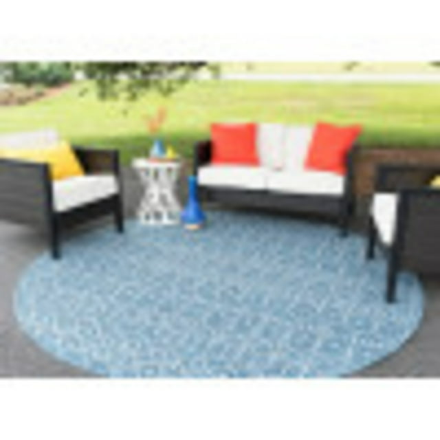 6ft Round Water Resistant, Indoor Outdoor Rugs for Patios, Front Door Entry, Entryway, Deck, Porch, Balcony | Outside Area Rug for Patio | Denim, Solid | Size: 5'1'' Round