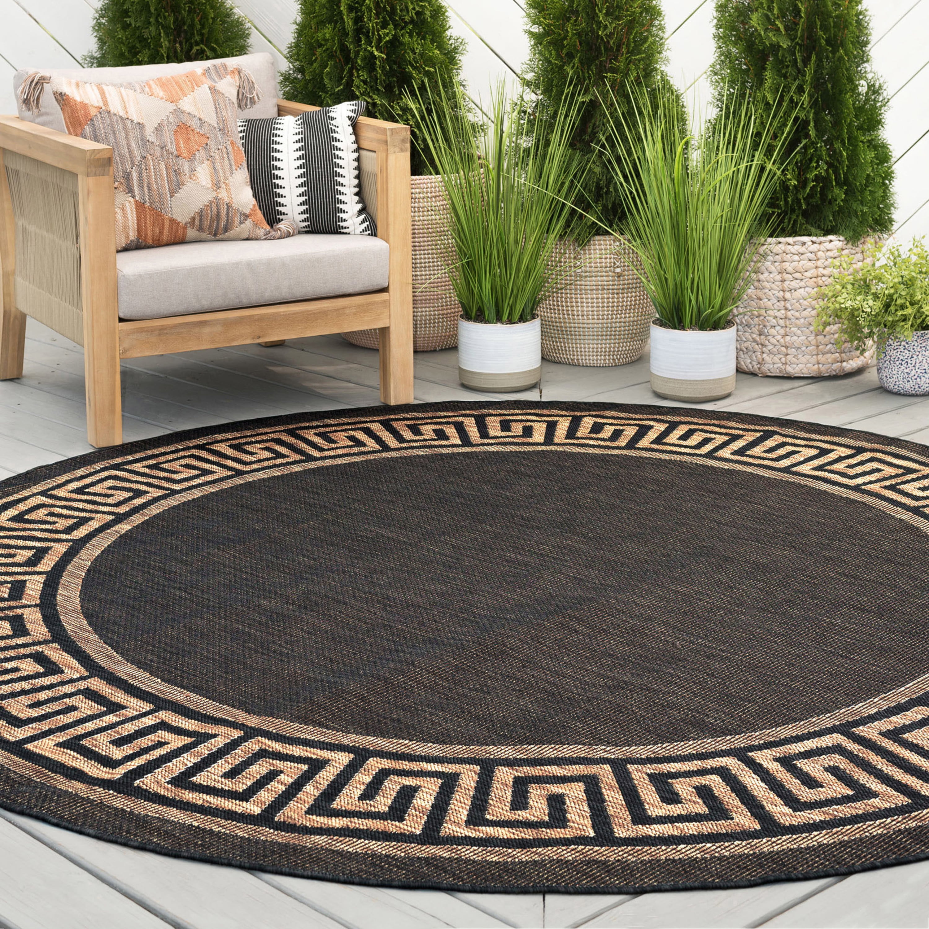 6ft Round Water Resistant, Indoor Outdoor Rugs for Patios, Front Door Entry, Entryway, Deck, Porch, Balcony | Outside Area Rug for Patio | Gold, Greek Key | Size: 5'3'' Round