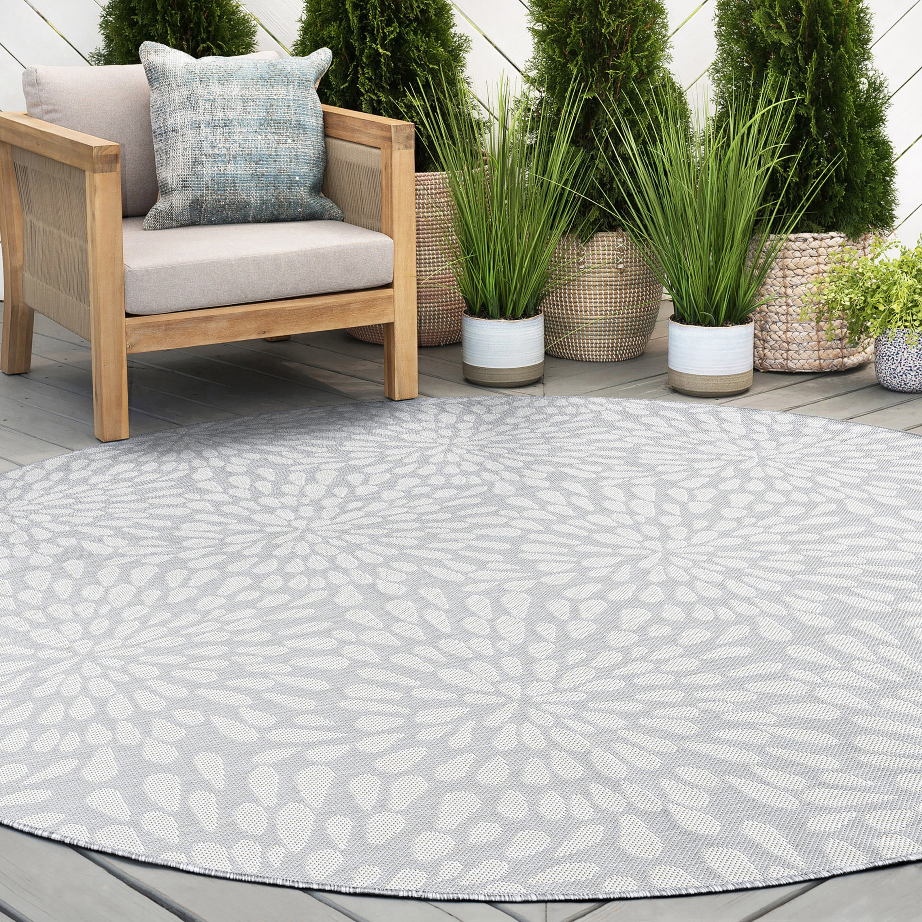 6ft Round Water Resistant, Indoor Outdoor Rugs for Patios, Front Door Entry, Entryway, Deck, Porch, Balcony | Outside Area Rug for Patio | Gray, Floral | Size: 5'3'' Round