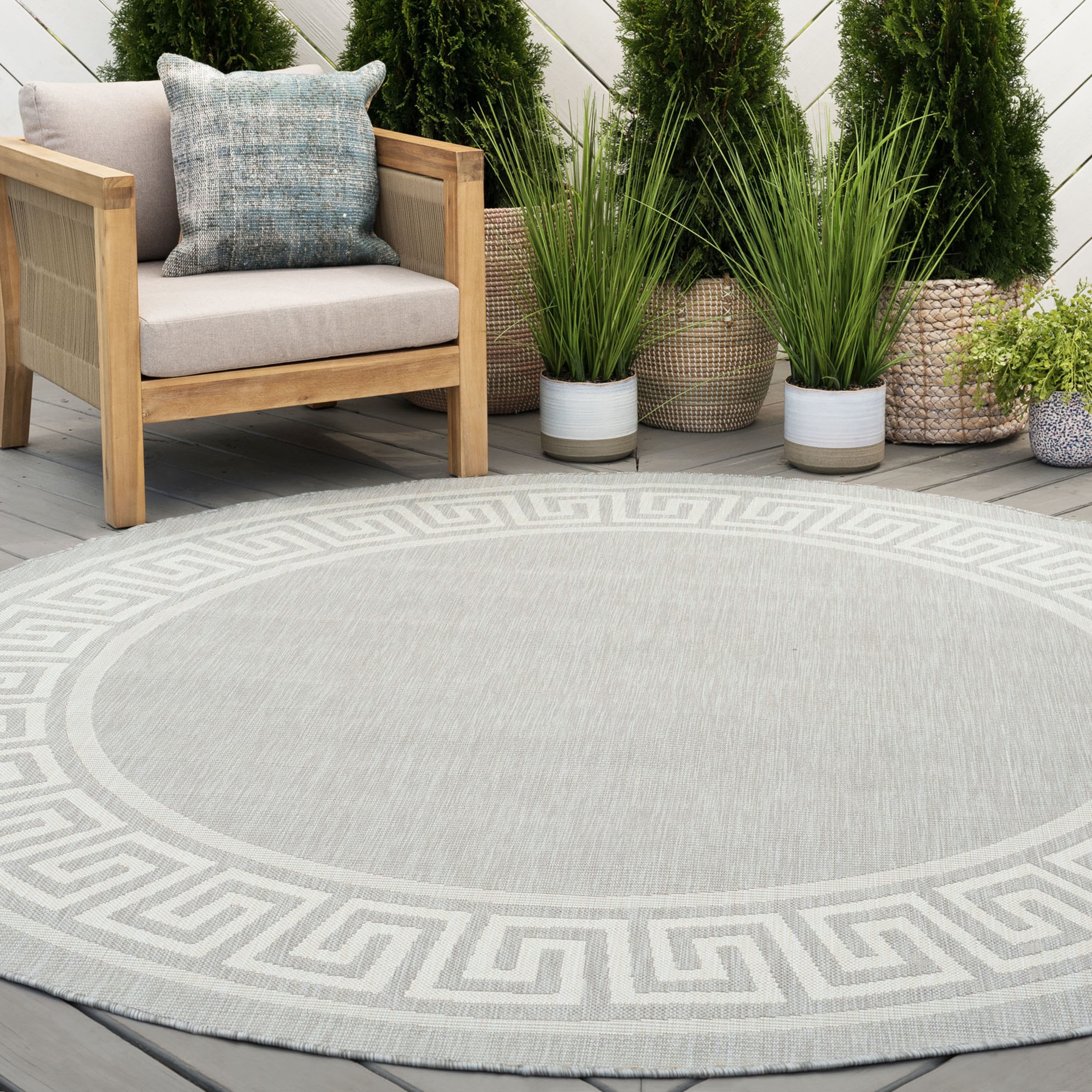 6ft Round Water Resistant, Indoor Outdoor Rugs for Patios, Front Door Entry, Entryway, Deck, Porch, Balcony | Outside Area Rug for Patio | Gray, Greek Key | Size: 5'3'' Round