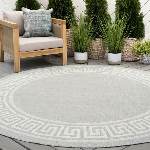 6ft Round Water Resistant, Indoor Outdoor Rugs for Patios, Front Door Entry, Entryway, Deck, Porch, Balcony | Outside Area Rug for Patio | Gray, Greek Key | Size: 5'3'' Round