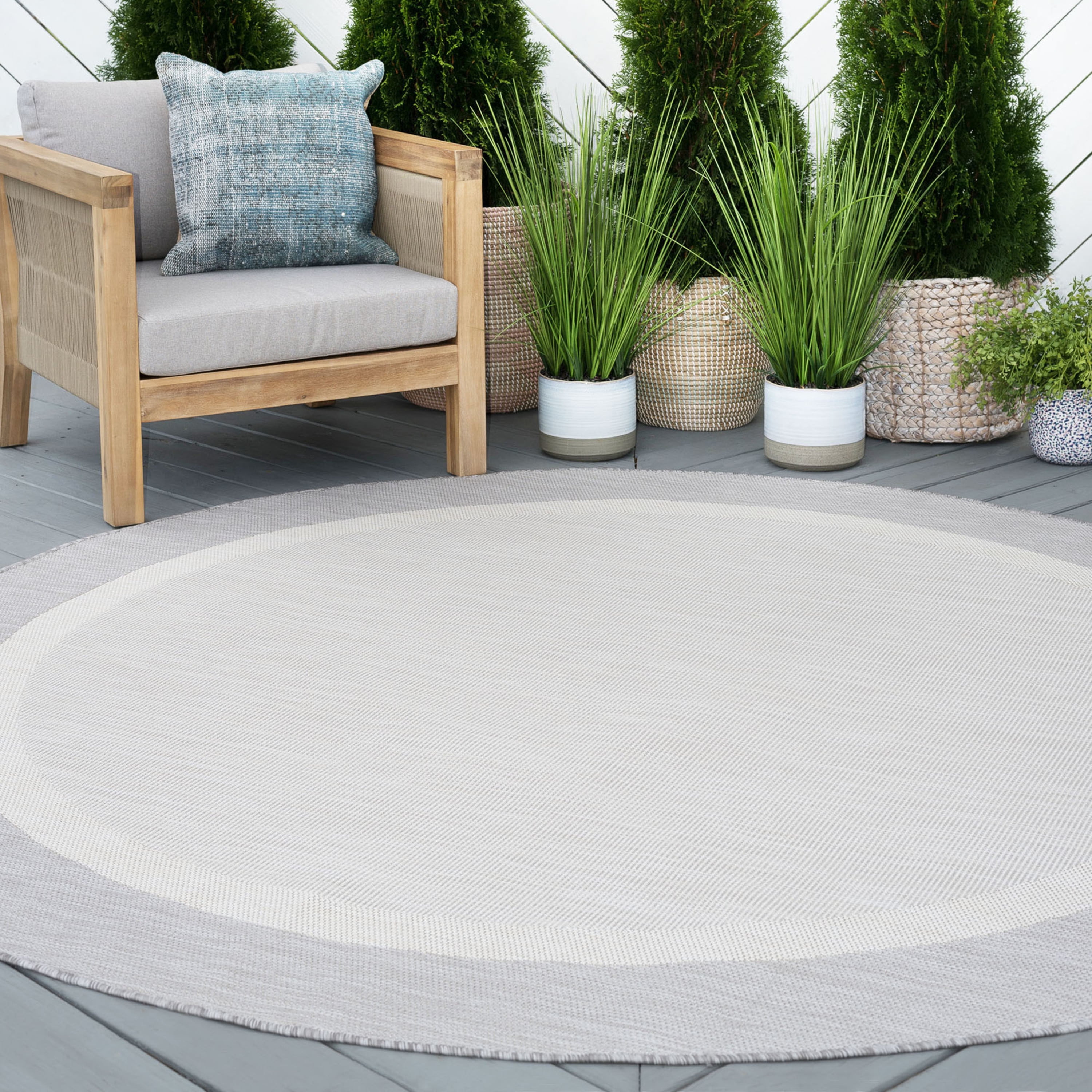 6ft Round Water Resistant, Indoor Outdoor Rugs for Patios, Front Door Entry, Entryway, Deck, Porch, Balcony | Outside Area Rug for Patio | Gray, Solid Border | Size: 5'3'' Round