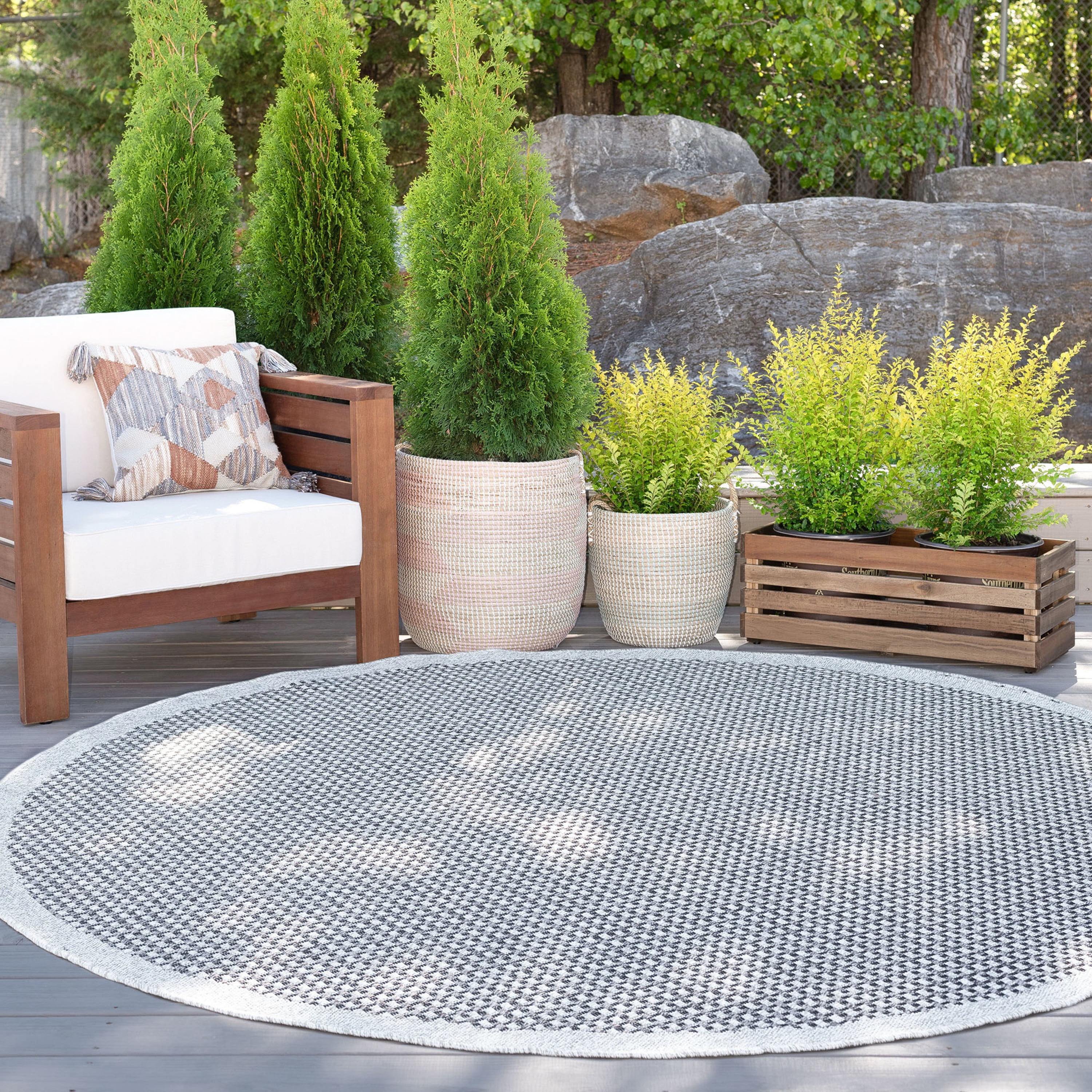 6ft Round Water Resistant, Indoor Outdoor Rugs for Patios, Front Door Entry, Entryway, Deck, Porch, Balcony | Outside Area Rug for Patio | Light Gray, Basketweave | Size: 5'3'' Round